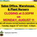 DoA Early Closure Notice Warehouse Sales and Nursery